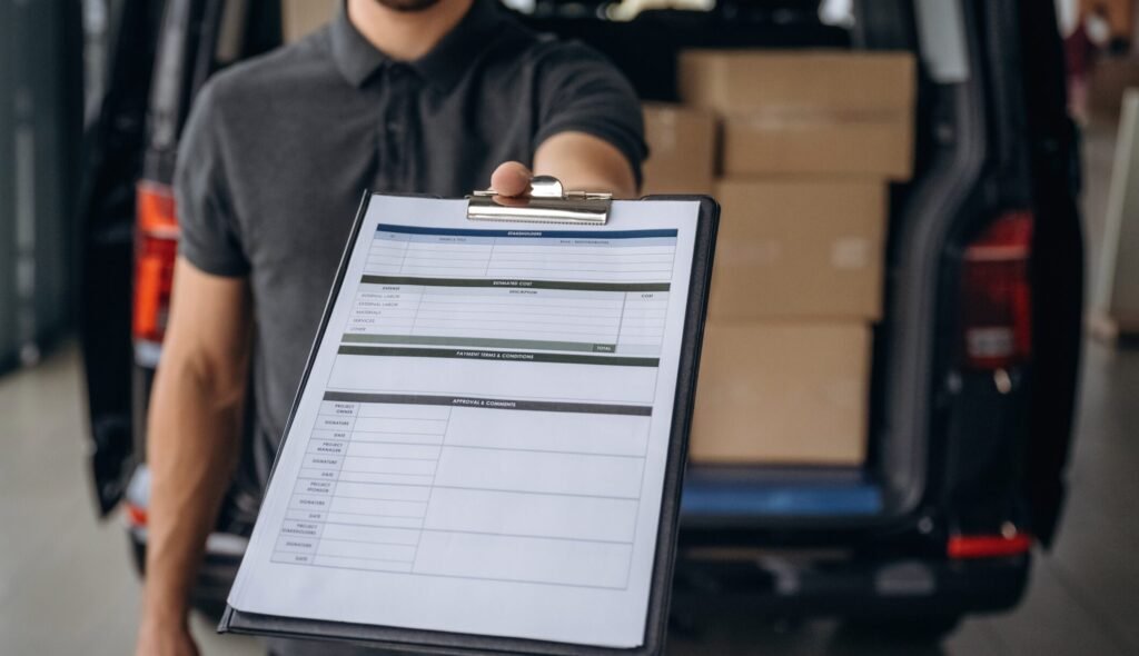 Confirm the order on notepad. Delivery man or loader is near the car with a box